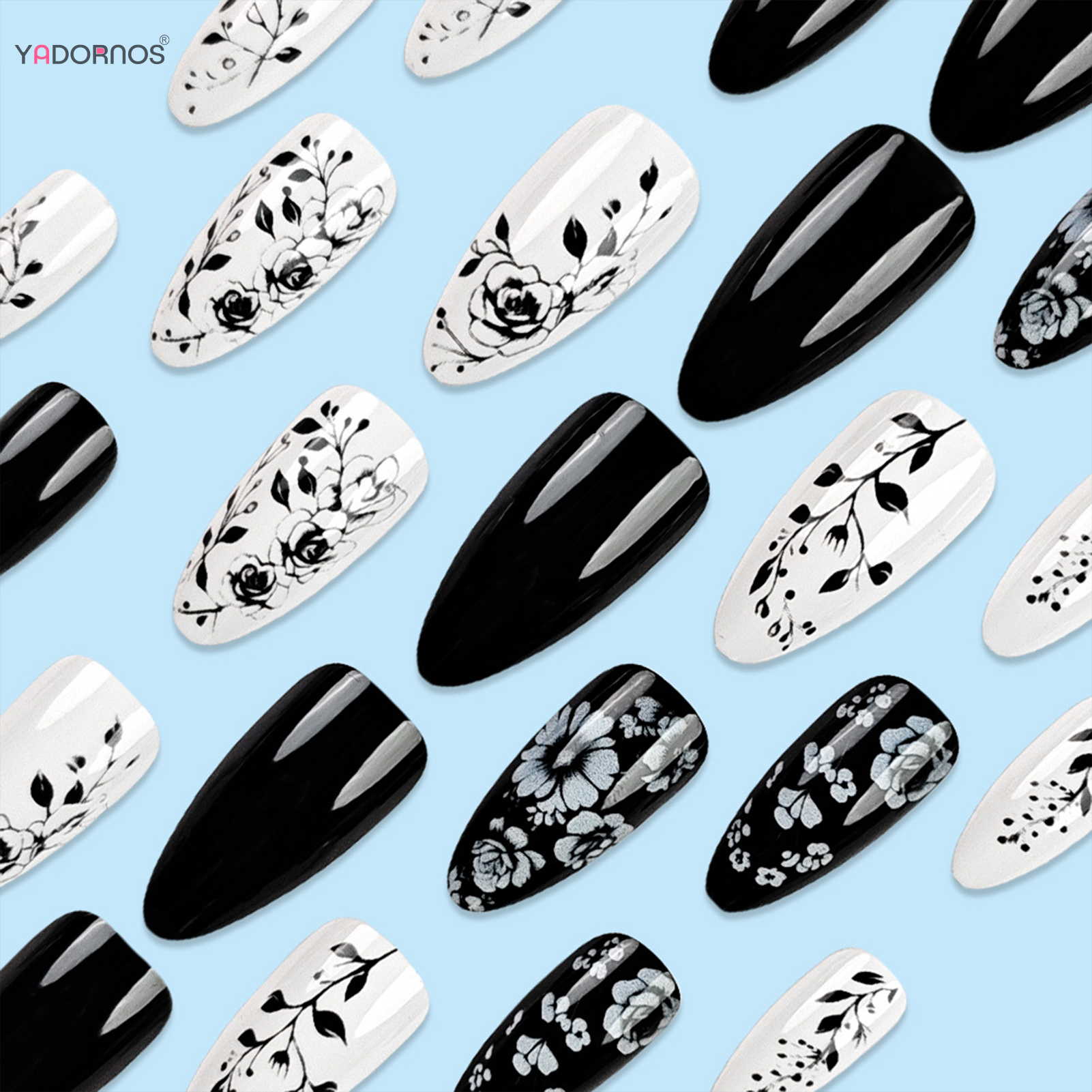 24Pcs Almond Fake Nails Black/ - đánh giá và giá Pressed Flower Art