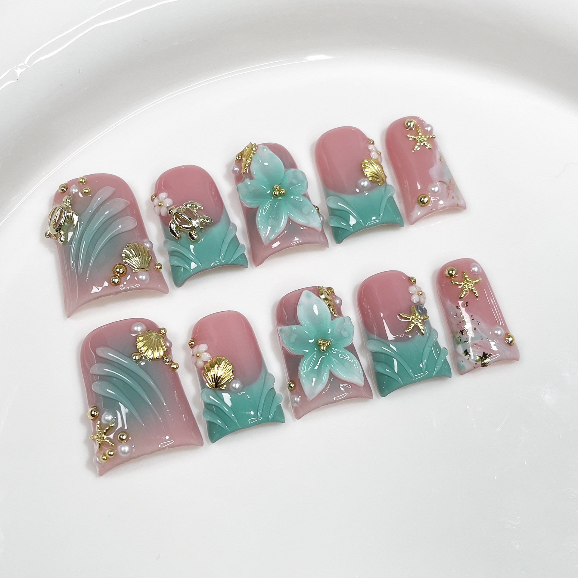 10pcs Ocean Style Fake Nails D - đánh giá và giá Pressed Flower Art